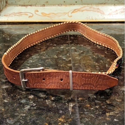 Vintage Tooled Leather & Bead Colorado Belt. Tan Leather and Colorful Bead Work - Picture 2 of 13