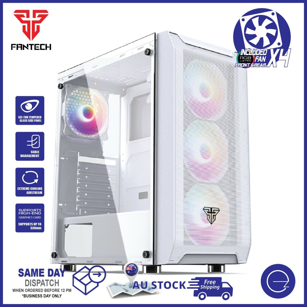 Fantech PC Gaming Computer Case Tempered Glass ATX Tower with 4 x Fixed RGB Fan