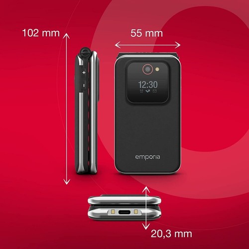 Emporia JOY-LTE - Telefono Cellulare Senza Contratto, 2G, Pieghevole, Con Pulsante Di Emergenza, Display 2,8", Nero