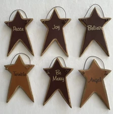 6 - Wooden Primitive Star Ornaments  with Wire Hangers,  Uplifting Words,  5"X3"