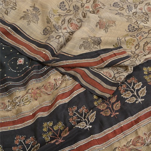 Sanskriti Vintage Sarees Ivory Hand Beaded Pure Crepe Silk Printed Sari Fabric