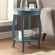 ACME Aberta Wooden Round End Table with Bottom Shelf in Teal
