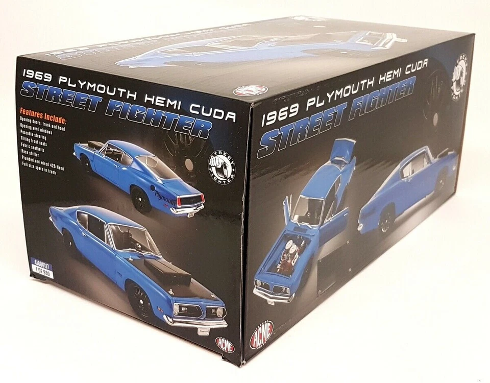 Acme 1/18 1969 Plymouth Hemi Cuda Street Fighter Blue Diecast Model Car - Image 2 of 4