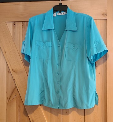 Vintage Kathy Che Size 12 Button Up Blouse Blue Polyester Office Pockets