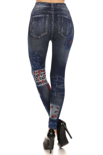 Damas Moda Cintura Alta Floral Leggings M Azul Denim Ajustado Pierna Elastizada - Imagen 2 de 34