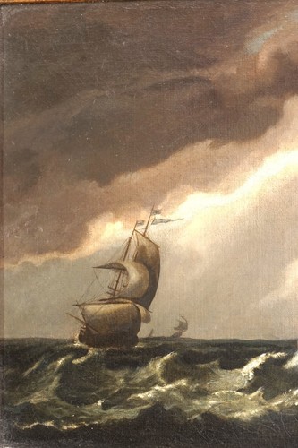 18th CENTURY SAILBOATS in CHOPPY WATERS UNDER STORMY SKY ANTIQUE OIL PAINTING - Picture 3 of 9