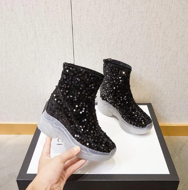 Mujer Plataforma Botines Invierno Moda Polar Lentejuelas Cremallera Trasera Zapatos 2025 Foto 3 de 4