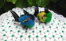2 STEIFF WOOL POM POM FISH 1 BLUE 1 GREEN Both have their BUTTON Vintage CUTE