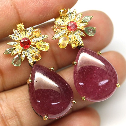 925 Sterling Silver 16 x 22 mm. Red Ruby, Sapphire & Zircon Earrings 18k Gold - Picture 2 of 4