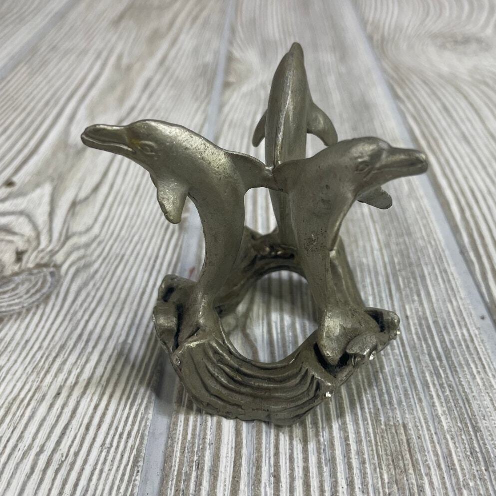 Vintage Pewter 3 Dolphin Figurine Marble Crystal or Egg Stand Sunglow 2 3/4
