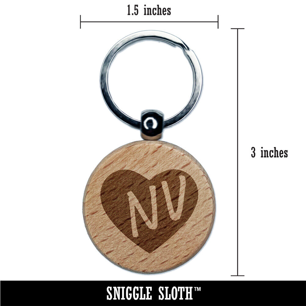 NV Nevada State in Heart Engraved Wood Round Keychain Tag Charm