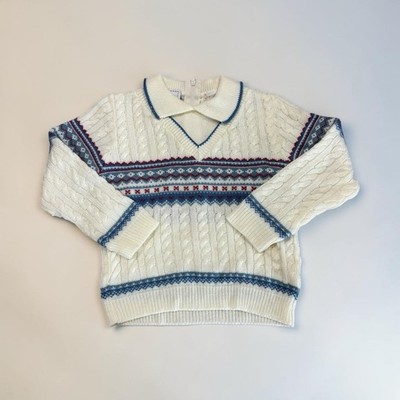Vintage Toddler Boy Sweater 3T Petite Jouet White Blue Knit 80s 90s