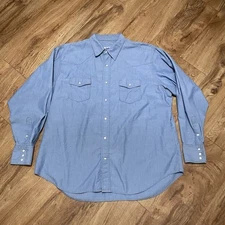 Big Smith Chambray Blue Shirt Pearl Snap Men Measured Long Sleeve Western Cowboy