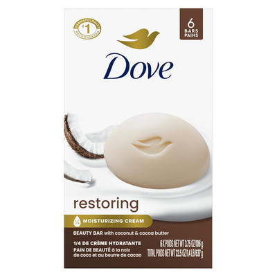 Dove Beauty Bar Soap Restoring Coconut & Cocoa Butter 6 Count for Restored Skin,