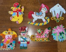 Set of 7 CHRISTMAS Felt and Jeweled Holiday Ornaments Handmade Completed used.