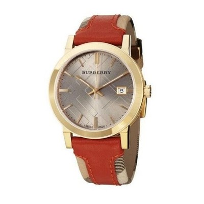 NEW BURBERRY 'THE CITY ' BU9016 GOLD/CHAMPAGNE/ORANGE LEATHER UNISEX WATCH