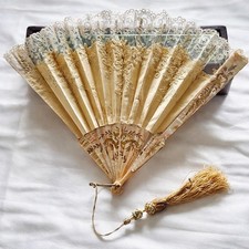 French Mother of Pearl Lace Fan c 1890  Belveled Glass Box Antique Original