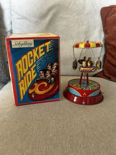 J. Chein Vintage Tin Litho WindUp Ride-A-Rocket Carnival Toy Working Rocket Ride