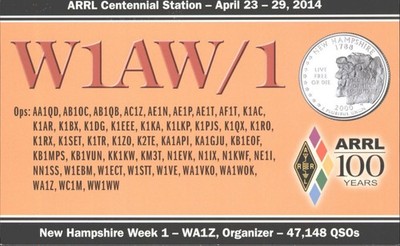 Amateurfunk QSL W1AW/1 NH 2014 ARRL Centennial 15m CW New Hampshire