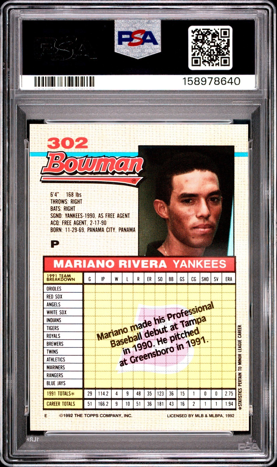1992 Bowman Mariano Rivera RC #302 PSA 7 view 2