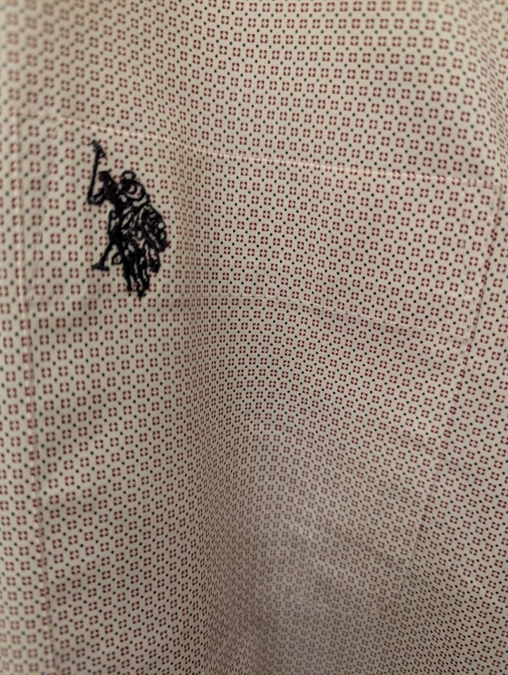 美国 Polo Assn. 男式修身正装衬衫 M 米色红色微型印花纽扣 — 第 4/4 张图片