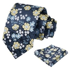 Mens 3.15'' Natural Flower Pattern Tie with Floral Pocket 146-navy Blue yellow