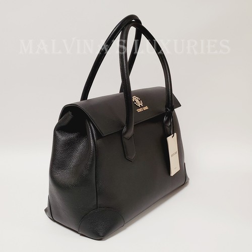 ROBERTO CAVALLI BAG BLACK LEATHER LOGO DOUBLE HANDLE SHOULDER HANDBAG $1475 - Picture 6 of 17