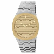 Gucci 25H Quartz Ultra Thin Gold Dial Stainless Steel Ladies Watch YA163403