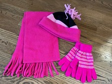 Childrens Kids Girls Winter Hat, Scarf, Gloves Pink / Black FLEECE Warm EUC