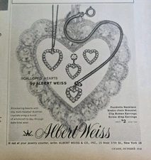 1958 Albert Weiss Scalloped heart necklace bracelet earrings Vintage jewelry ad 