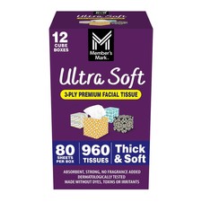 Member's Mark Ultra Soft Facial Tissues, 12 Cube Boxes, 80 3-Ply Tissues per Box