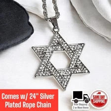 Star Of David Bling Rhinestone Silver Plated Pendant w/ 24" Rope Chain