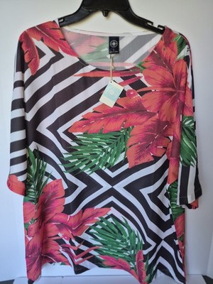Beachcombers Coastal Threads Floral Tunic Blouse 3/4 Sleeve Multicolor L