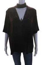 Theory Womens Velvet Cut Out High Neck Short Sleeve Blouse Top Burgundy Size M