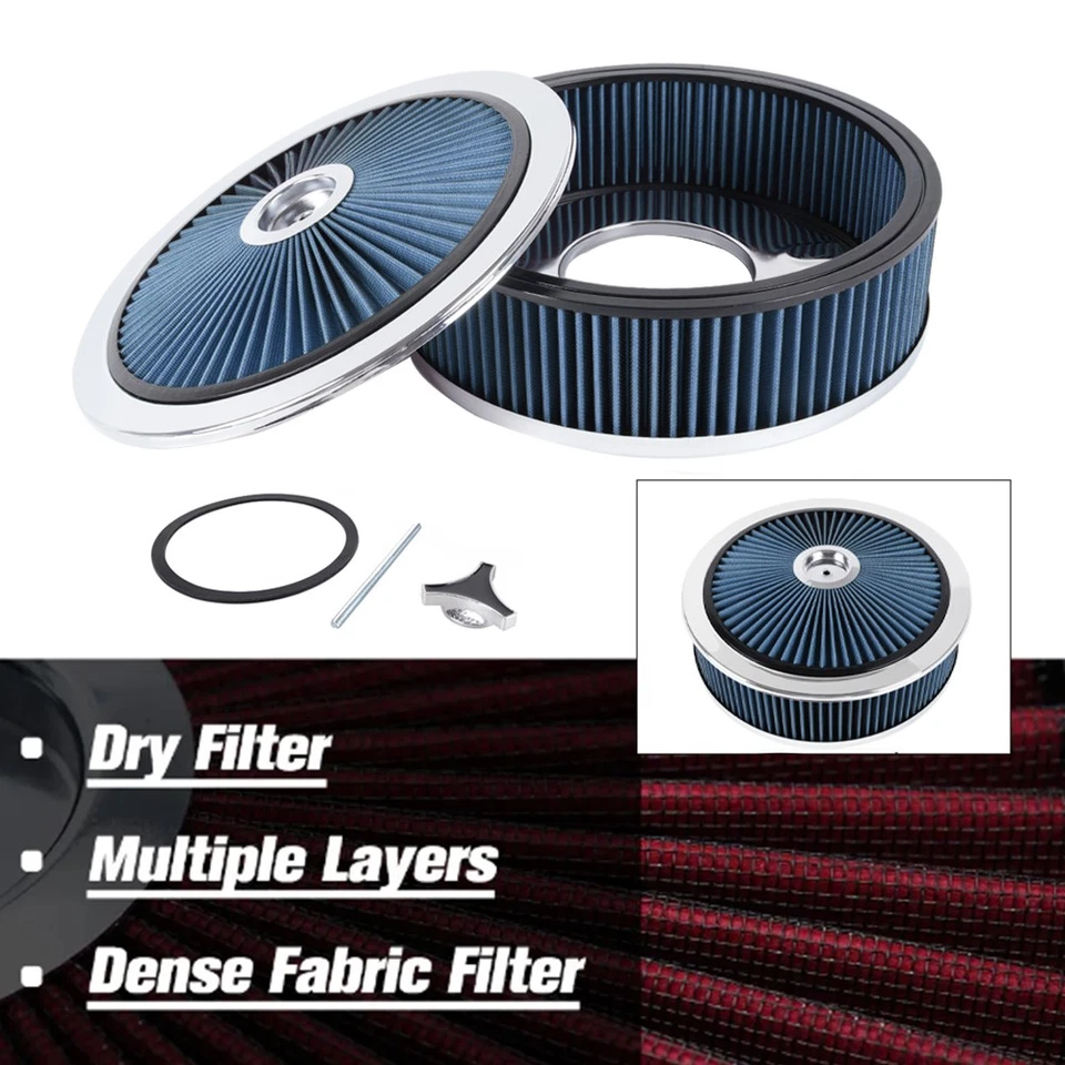 High Flow 14"x4" Blue Round Thru Washable Air Cleaner w/ Chrome Lid For SBC BBC Foto 3 de 4