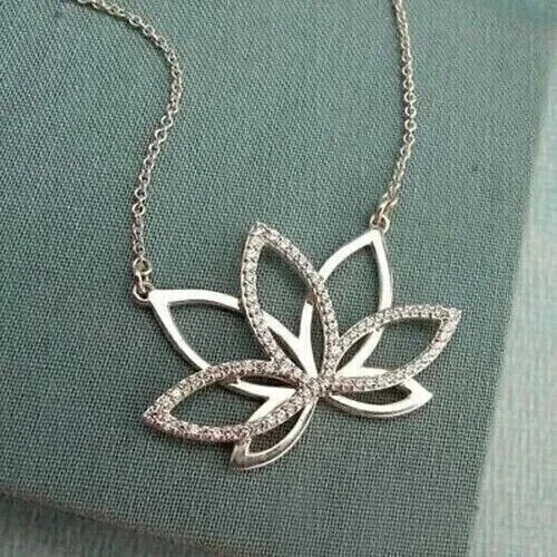 Alternate view of 14k White Gold Plated Lotus Pendant Necklace 1.5 Round Cut Simulated Diamond