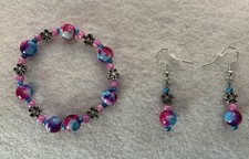 Girls Pink  Blue Flower Power Beaded Stretch Bracelet  Earring Set 6.25  