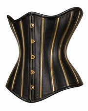 Black Leather Underbust Corset Gold Steel Boned Waist Trainer Gothic Bustier