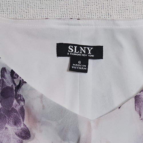 SLNY Ivory Purple Floral Tiered Flutter Sleeve Sheath Dress Women's Size 6 - Picture 2 of 3