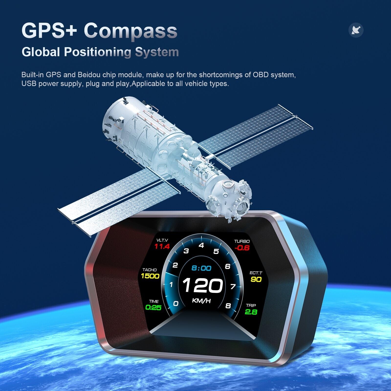 Heads up Display P17, Car Smart obd2 Gauge Display, GPS Speedometer with Vehi...