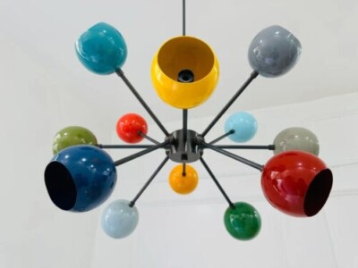 Mid Century Style Eyeball Shade Multicolored Brass Sputnik 12 Arms Light Fixture
