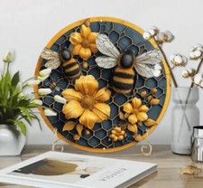 BEE Metal Sign Wreath Center All Weather Spring Summer 8 x 8
