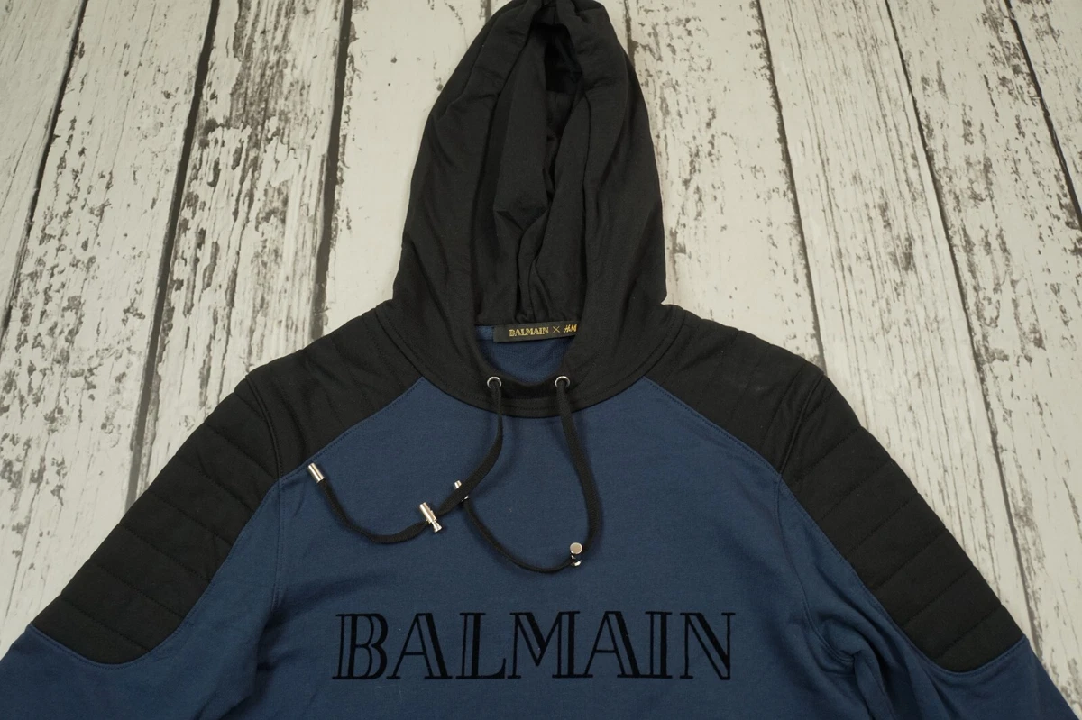 han spejder Lada BALMAIN x H&amp;M Blue Hooded Sweatshirt Text Logo Hoodie Size Small S |  eBay