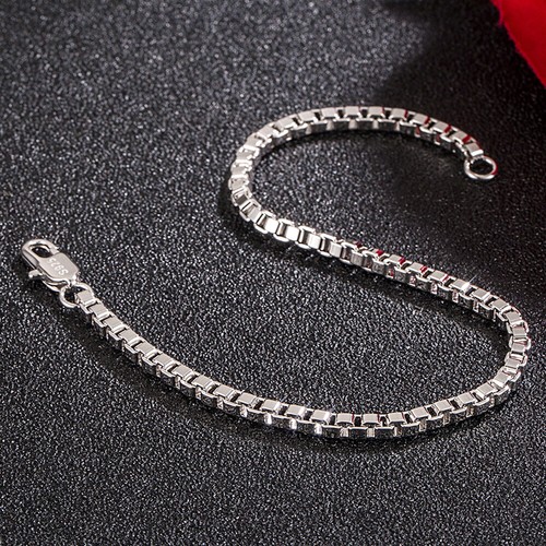 Exquisite 925 Sterling Silver 3mm Italian BOX Chain Link Bracelet for Women