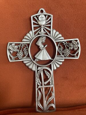 Vintage Cross Pewter First Holy Communion Girl Wall Pewter Art Christian Easter