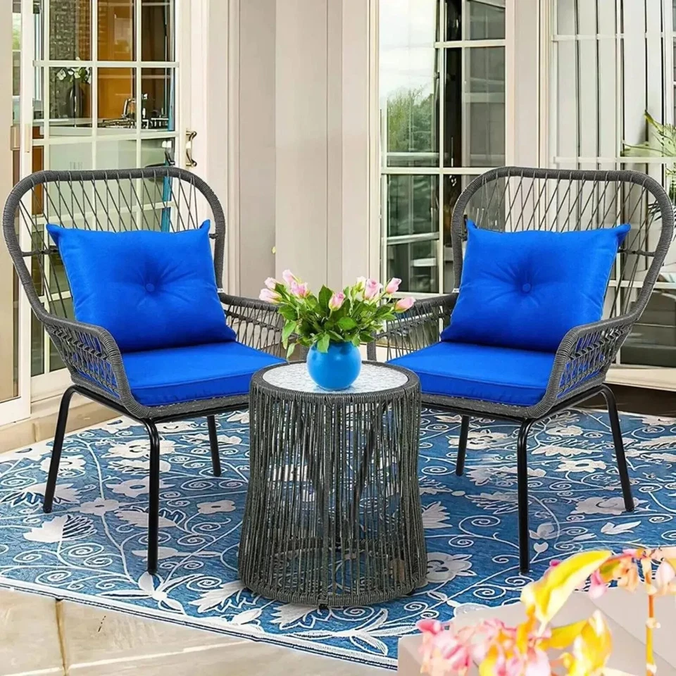 Patio Chair & Table Set Wicker Rattan 3Pcs Outdoor Furniture Bistro Set, Blue - Image 2 of 4