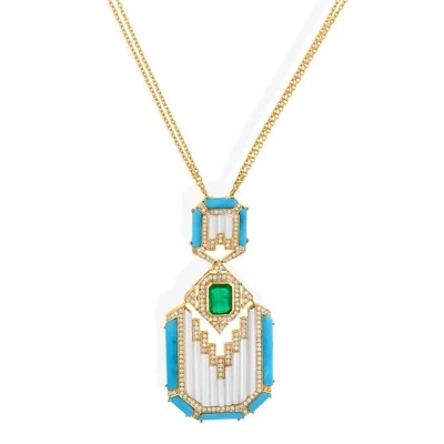 Kunstdiamanten Grown Cvd Diamant Mop Türkis Smaragd 14k Gelbgold Anhänger Kette - Bild 1 von 4