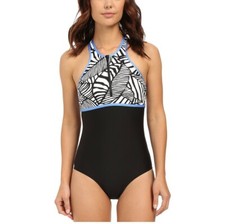 Splendid Canopy Soft Cup One Piece Leaf Print Front Zip T Straps Swimsuit Size M