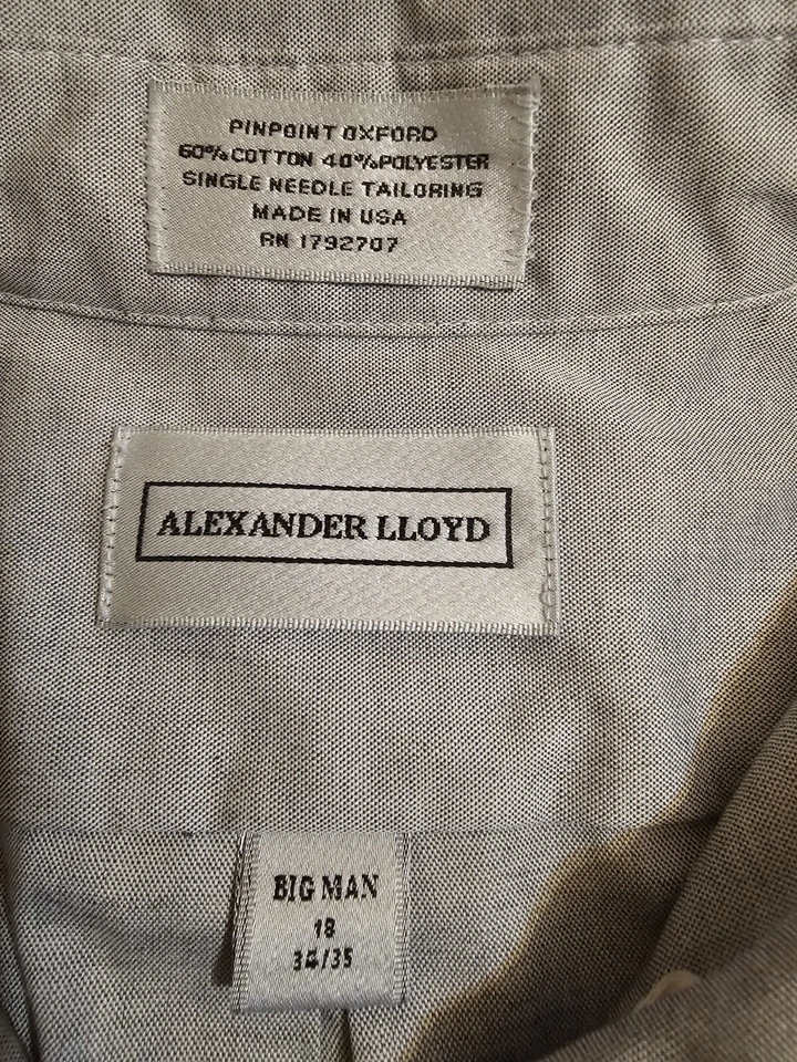 Alexander Lloyd 正装衬衫男式 18/34-35 高纽扣灰色美国制造 — 第 2/4 张图片