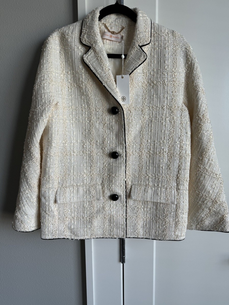 ジャケット TORY BURCH Woman Jacket Ivory 151619 966 NWT Tory Burch Womens Plaid Tweed Ivory Jacket Black Trim